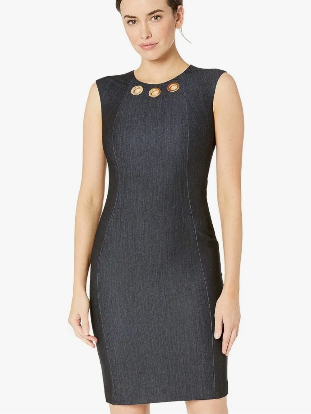 NWT Calvin Klein Denim Look Sheath Dress Grommet Neckline Detail Dark Blue 12